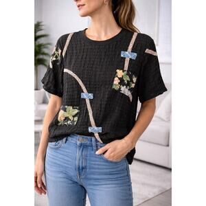 Canvasbacks Lutton & Horsfield Patchwork Textured Top Blk Floral Polka Dot Sz S